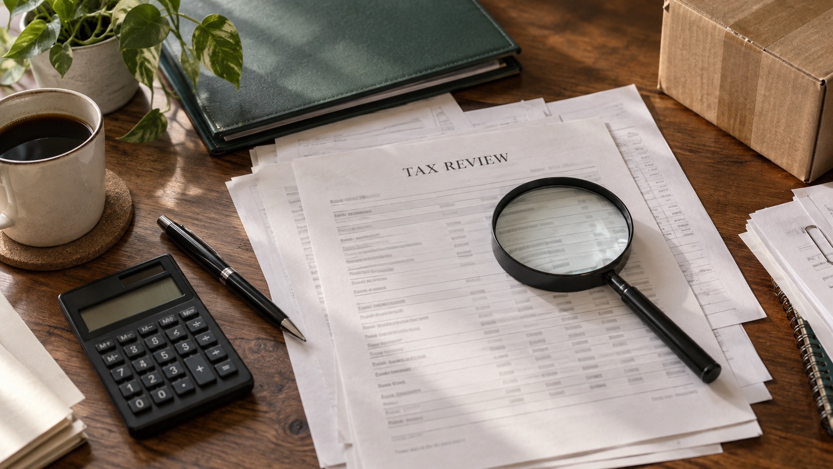 Tax review documents, a magnifying glass, and a calculator on an ecommerce business owner’s desk.