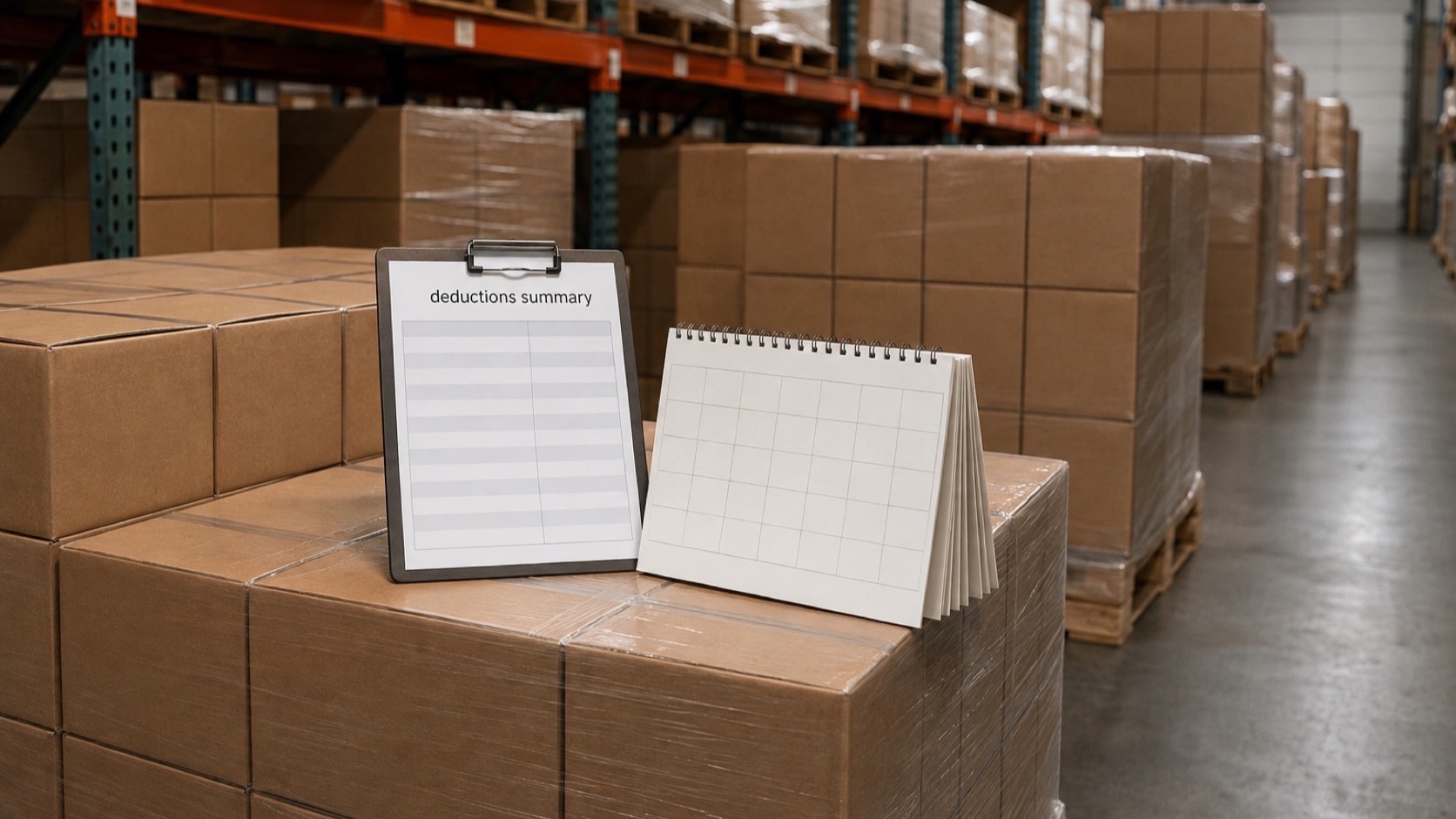 Pallets of product in a distributor warehouse aisle with a clipboard showing a deductions summary and a calendar six months ahead.