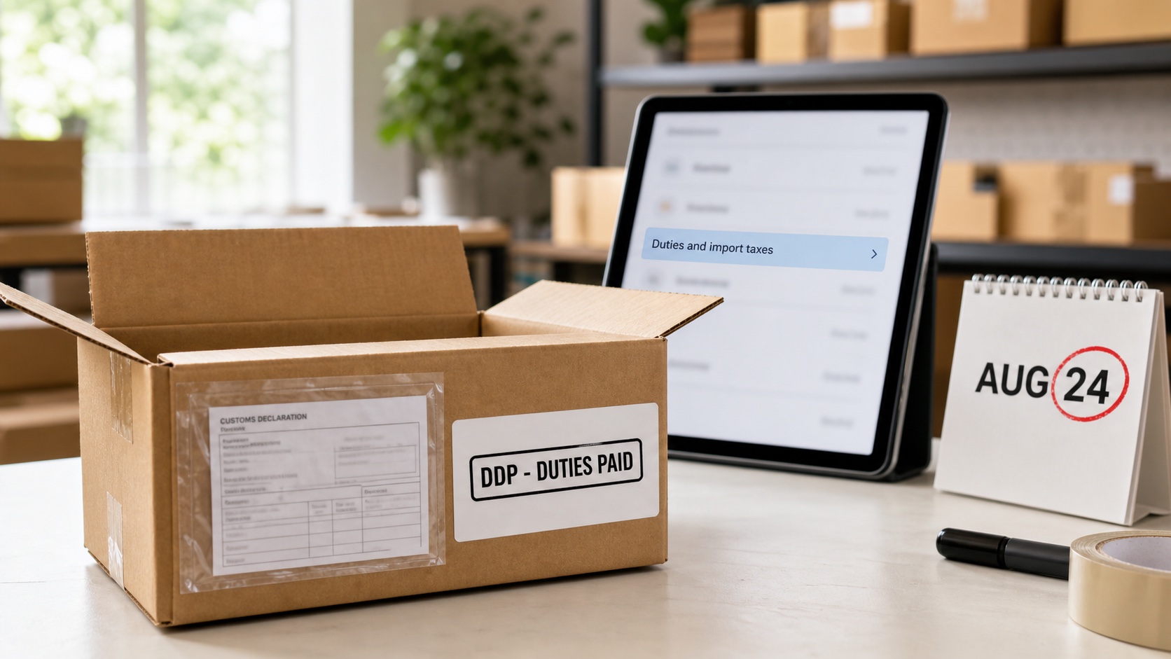 Illustration of an international checkout summary with rows for product subtotal, shipping, and duties and import taxes, beside a paper decision sheet titled Managed Markets with Keep and Turn off columns.