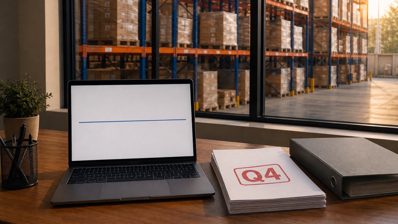 A warehouse office desk with a laptop showing a flat interest rate chart, a stack of papers stamped Q4, and racking full of cartons behind the glass.
